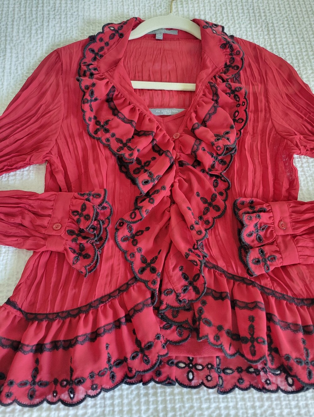 Two Pices Red Ruffled Blouse with Black Embroidered Trim By N-Y Colection,size S